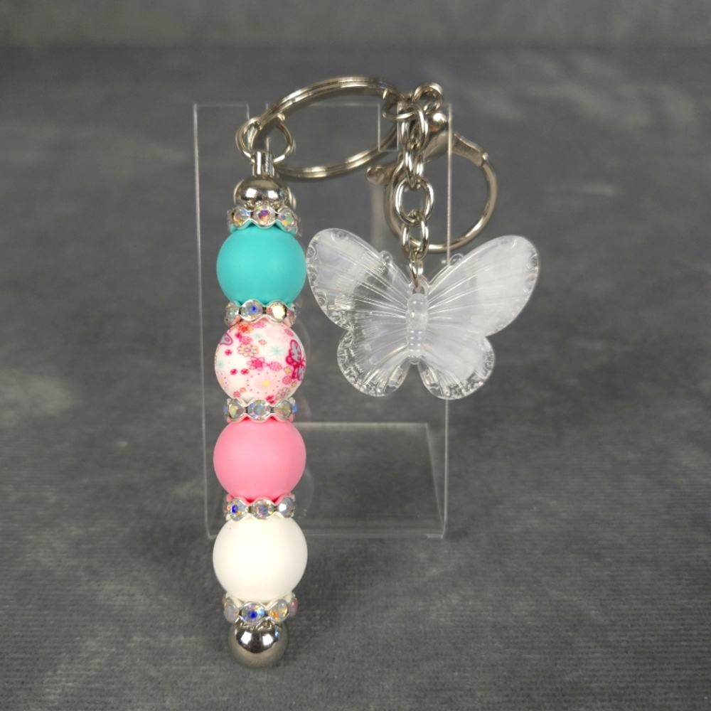 Butterfly Rhinestone and Silicone Beaded Keychain with Round Lobster Snap Clasp